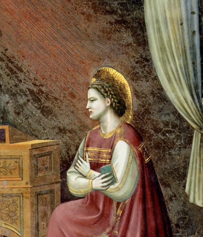 A Anunciação, detalhe da Virgem ajoelhada, da luneta acima do altar, c.1305 (detalhe de 97840) de Giotto di Bondone