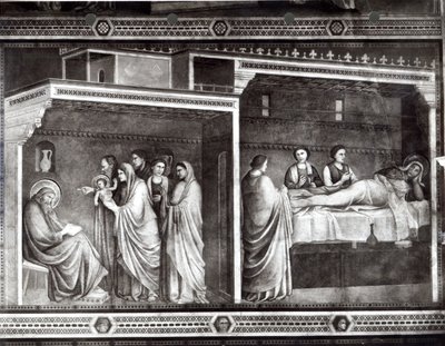 O nascimento de São João Batista e seu pai Zacarias escrevendo seu nome de Giotto di Bondone
