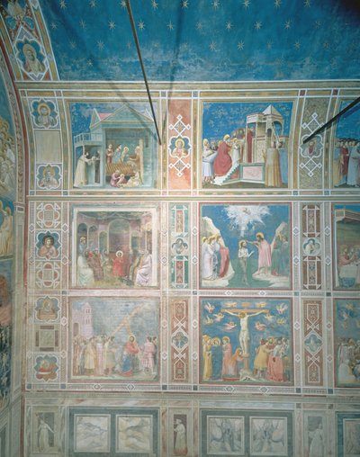 Vista dos afrescos na parede esquerda, c.1303-05 (pós-restauração) de Giotto di Bondone