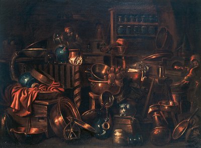 Laboratório do alquimista, pintura de Gian Domenico Valentino (1630-1708), Itália de Giovan Domenico Valentino