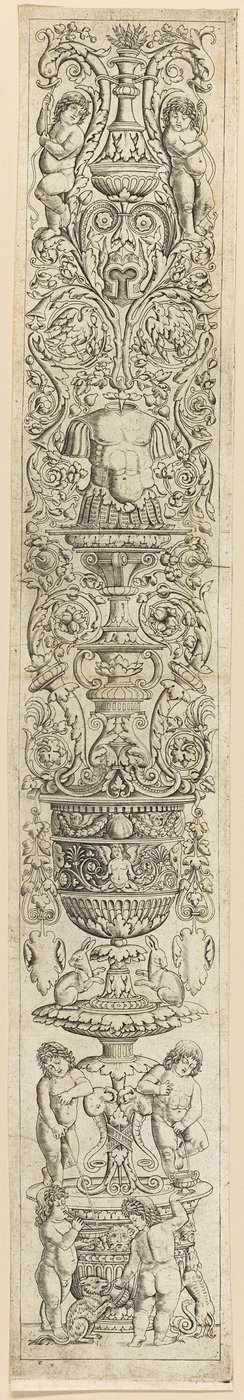 Quatro crianças com um gato e um cão, prato 9 de Doze painéis de ornamentos de Giovan Pietro Birago