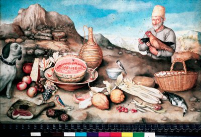Natureza morta Peixe, melão, presunto, alcachofra, celeris, caça. Quadro de Giovanna Garzoni de Giovanna Garzoni