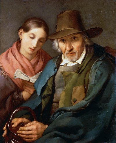 Figura de homem idoso sentado com um jovem plebeu lendo um livro, de Giovanni Carnovali conhecido como Piccio (1804-1873), óleo sobre tela, 72x59 cm de Giovanni Carnovali