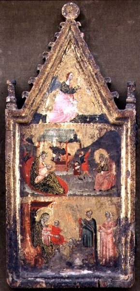 T-B: O Anjo da Anunciação; A Natividade e Anunciação aos Pastores; A Adoração dos Magos, ala esquerda de um díptico (tempera no painel) de Giovanni (attr. to) Baronzio da Rimini