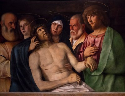 Lamentação de Cristo, cerca de 1502 (técnica mista sobre madeira de choupo) de Giovanni (workshop of) Bellini