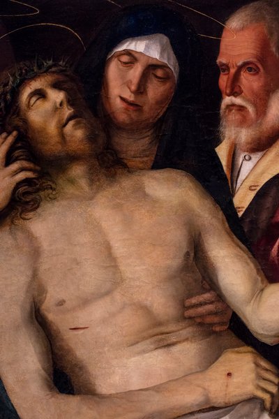 Lamentação de Cristo, cerca de 1502 (técnica mista sobre madeira de choupo) de Giovanni (workshop of) Bellini