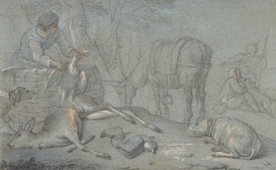 Caçadores com jogo morto em uma paisagem, 1600-1800. de Giovanni Agostino Cassana