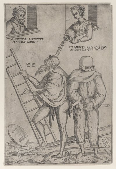 Um homem sobe uma escada enquanto uma mulher joga água nele de cima, 1575-99. de Giovanni Ambrogio Brambilla