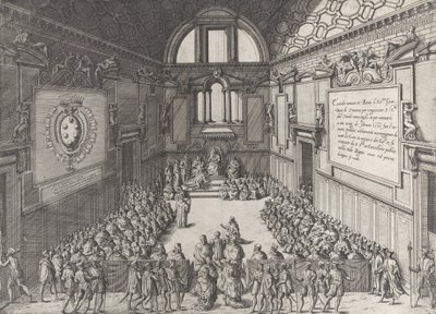Audiência do Papa Pio V a Cosimo I, Duque da Toscana, 1575-99. de Giovanni Ambrogio Brambilla