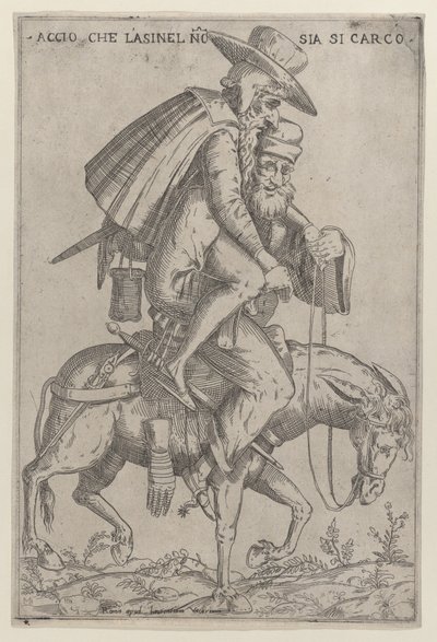 Caricatura com dois homens em uma mula, 1575-99. de Giovanni Ambrogio Brambilla