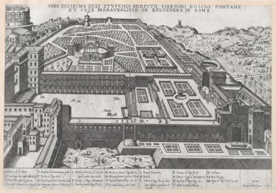 Speculum Romanae Magnificentiae: Vista Aérea do Miradouro e seus Jardins, 1579, 1579. de Giovanni Ambrogio Brambilla.