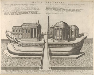 Vista da Ilha Tiberina representada como um navio, o Templo de Esculápio à esquerda, 1582., 1582. de Giovanni Ambrogio Brambilla