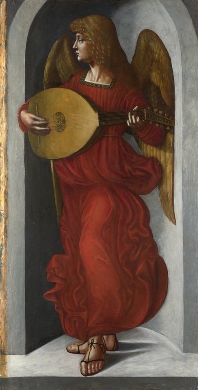 Um anjo de vermelho com alaúde, c. 1490-1499 de Giovanni Ambrogio de Predis