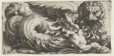 Leão marinho alado com crina ondulada e barba
Frísios com monstros marinhos (título da série) de Giovanni Andrea Maglioli