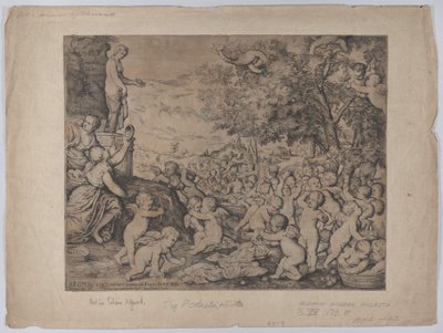 Putti diante de uma estátua de Vênus, depois de Ticiano, 1636. de Giovanni Andrea Podesta