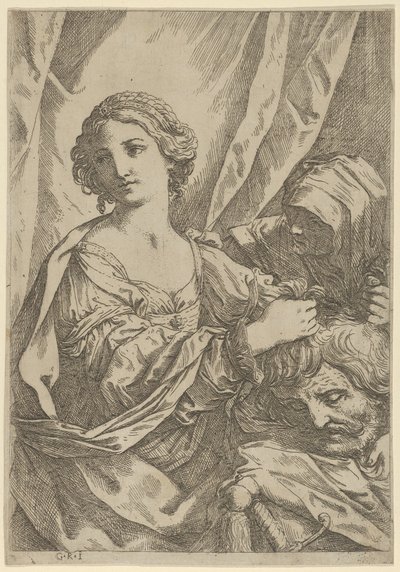 Judite agarrando a cabeça de Holofernes pelos cabelos e olhando para a esquerda, um velho wo..., 1600-1640. de Giovanni Andrea Sirani