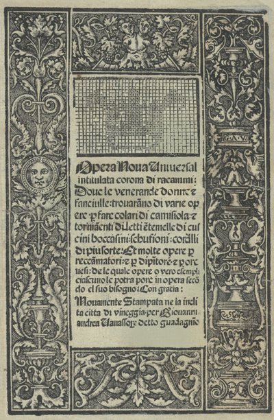Opera Nova Universali intitulata Corona di racammi, página de rosto, [1530]. de Giovanni Andrea Vavassore