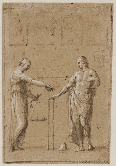 Um homem e uma mulher em trajes antigos, cada um com uma balança e uma régua, em frente a uma parede com pinturas. Uma bolsa no chão na frente do homem de Giovanni Angelo Canini