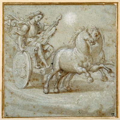 Apollo sentado na sua carruagem com a sua viola (giz preto, caneta e tinta castanha com lavagem castanha acentuada com a cor branca do corpo na carta azzurra) de Giovanni Antonio (circle of) Pordenone
