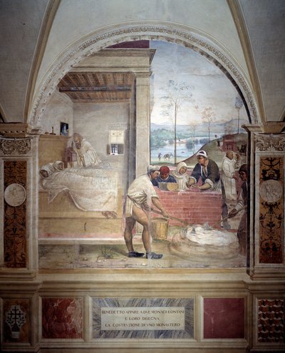 Bento aparece a dois monges e lhes apresenta o projeto de um afresco do mosteiro do cloitro feito por Antonio Bazzi dit il Sodoma (1477 - 1549) relatando a vida de São Bento de Nursie (480 - 567) fundador da Ordem de Bento 1503 - 1508 Ab de Giovanni Antonio Bazzi Sodoma