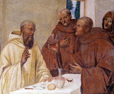 Benedito parte um copo de vinho envenenado fazendo o sinal da cruz Detalhe afresco do cloitro feito por Antonio Bazzi dit il Sodoma (1477 - 1549) recontando a vida de São Bento de Nursie (480 - 567) fundador da Ordem de Beneditino 1503 - 1508 de Giovanni Antonio Bazzi Sodoma