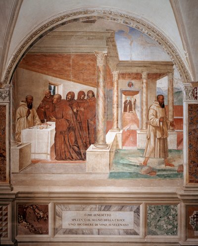 Bento parte um copo de vinho envenenado fazendo o sinal da cruz afresco do cloitro feito por Antonio Bazzi dit il Sodoma (1477 - 1549) recontando a vida de São Bento de Nursie (480 - 567) fundador da Ordem de Bento 1503 - 1508 Abadia de Giovanni Antonio Bazzi Sodoma