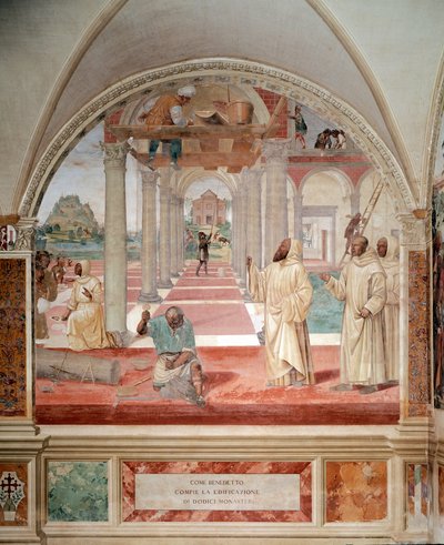 Bento construiu doze mosteiros frescos do claustro produzidos por Antonio Bazzi dit il Sodoma (1477 - 1549) relatando a vida de São Bento de Nursie (480 - 567) fundador da Ordem de Bento 1503 - 1508 Abadia de Monte Oliveto Maggiore, Flor de Giovanni Antonio Bazzi Sodoma