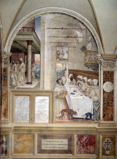 Bento recebe farinha em abundância e alimenta os monges afresco do claustro feito por Antonio Bazzi dit il Sodoma (1477 - 1549) relatando a vida de São Bento de Nursie (480 - 567) fundador da Ordem de Bento 1503 - 1508 Abadia de Monte Oliveto de Giovanni Antonio Bazzi Sodoma