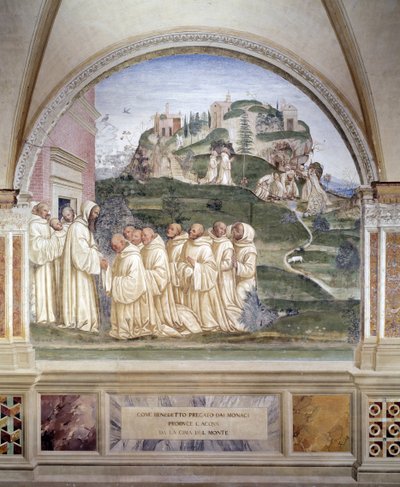 Bento acendeu uma fonte no topo da montanha Fresco do claustro feita por Antonio Bazzi dit il Sodoma (1477 - 1549) relatando a vida de São Bento de Nursie (480 - 567) fundador da Ordem de Bento 1503 - 1508 Abadia de Monte Oliveto de Giovanni Antonio Bazzi Sodoma