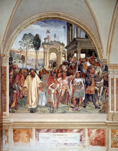 Benoit recebe dois jovens romanos Maur e Plácido (São Bento recebe os dois romances Mauro e Plácido) Fresco do claustro feito por Antonio Bazzi dit il Sodoma (1477 - 1549) relatando a vida de São Bento de Nursie (480 - 567) fundador do de Giovanni Antonio Bazzi Sodoma