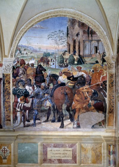 Como Benedito prevê a destruição do Monte Cassino Detalhe - afresco do claustro feito por Antonio Bazzi dit il Sodoma (1477 - 1549) relatando a vida de São Bento de Nursie (480 - 567) fou de Giovanni Antonio Bazzi Sodoma