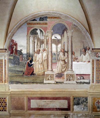 Como Florent tenta envenenar Benoit (Como Fiorenzo tenta envenenar São Bento) - Afresco de parede feito por Antonio Bazzi dit il Sodoma (1477 - 1549) relatando a vida de São Bento (480 - 567) fundador da Ordem Beneditina 1503 - 1508 Abadia de Monte Oliv de Giovanni Antonio Bazzi Sodoma