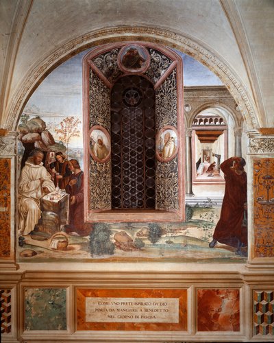 Como um padre trouxe comida a Bento na Páscoa - Fresco do claustro feito por Antonio Bazzi dit il Sodoma (1477 - 1549) relatando a vida de São Bento de Nursia (480 - 567) fundador da Ordem de Bento 1503 - 1508 Abadia de Monte Oliveto Ma de Giovanni Antonio Bazzi Sodoma