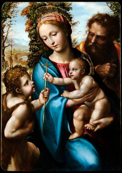 "La sainte famille avec saint Jean Baptiste enfant" (A Sagrada Família com João Baptista como menino) Peinture de Giovanni Antonio Bazzi dit Il Sodoma (1477-1549) 1525-1528 - Óleo sobre madeira Dim 70x47 cm Museo Civico Pinacoteca Crociani de Giovanni Antonio Bazzi Sodoma