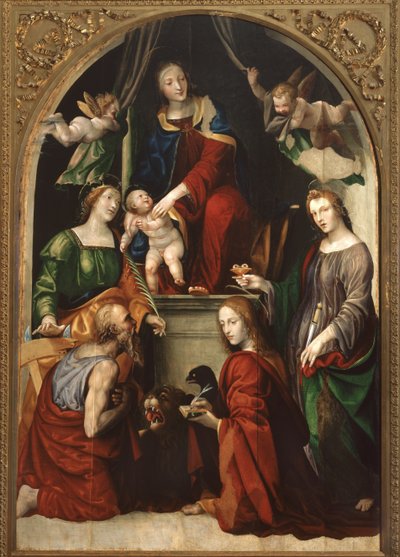 Madonna, Criança e Anjos entre os Santos Jerônimo, Catarina de Alexandria, Lúcia e João Evangelista, c.1513 de Giovanni Antonio Bazzi Sodoma