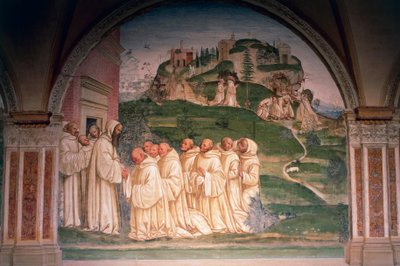 São Bento, implorado por monges, produzindo água do alto da montanha, cena de Histórias de São Bento de Monte Oliveto Maggiore de Giovanni Antonio Bazzi Sodoma