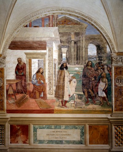 São Bento fixa uma peneira quebrada No centro do quadro, auto-retrato do artista - Fresco do cloitro realizado por Antonio Bazzi dit il Sodoma (1477 - 1549) recontando a vida de São Bento de Nursie (480 - 567) fundador da Ordem de de Giovanni Antonio Bazzi Sodoma