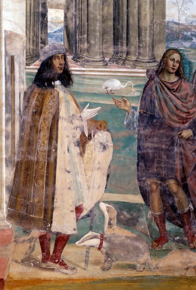 São Bento fixa uma peneira quebrada Auto-retrato do artista - Detalhe Fresco do cloitro realizado por Antonio Bazzi dit il Sodoma (1477 - 1549) relatando a vida de São Bento de Nursie (480 - 567) fundador da Ordem de Bento 1503 - 1508 de Giovanni Antonio Bazzi Sodoma