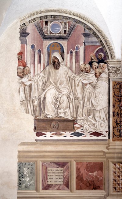 São Bento dá a regra aos monges (Bento dá a regra aos monges) fresco do claustro feito por Antonio Bazzi dit il Sodoma (1477 - 1549) recontando a vida de São Bento de Nursie (480 - 567) fundador da Ordem dos Beneditinos 1503 de Giovanni Antonio Bazzi Sodoma