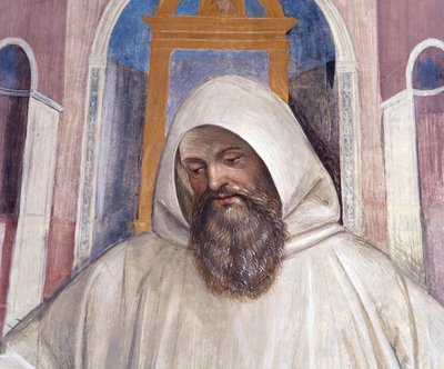 São Bento dá a regra aos monges olivetani Detalhe afresco do cloitro feito por Antonio Bazzi dit il Sodoma (1477 - 1549) relatando a vida de São Bento de Nursie (480 - 567) fundador da Ordem de Bento 1503 - 1508 Abadia de Monte O de Giovanni Antonio Bazzi Sodoma