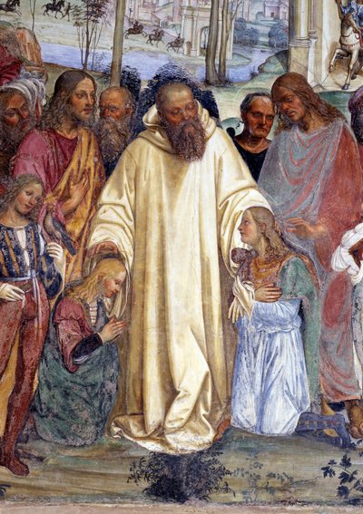 São Bento recebe dois jovens romanos, Maur e Plácido (São Bento conhece dois jovens romances, Maurus e Plácido) Detalhe afresco do cloitro feito por Antonio Bazzi dit il Sodoma (1477 - 1549) relatando a vida de São Bento de Nursie (480 - 567) fo de Giovanni Antonio Bazzi Sodoma