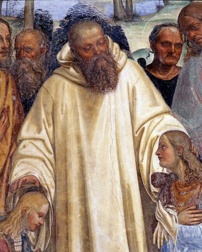 São Bento recebe dois jovens romanos, Maur e Plácido (São Bento conhece dois jovens romances, Maurus e Plácido) Detalhe afresco do cloitro feito por Antonio Bazzi dit il Sodoma (1477 - 1549) relatando a vida de São Bento de Nursie (480 - 567) fo de Giovanni Antonio Bazzi Sodoma
