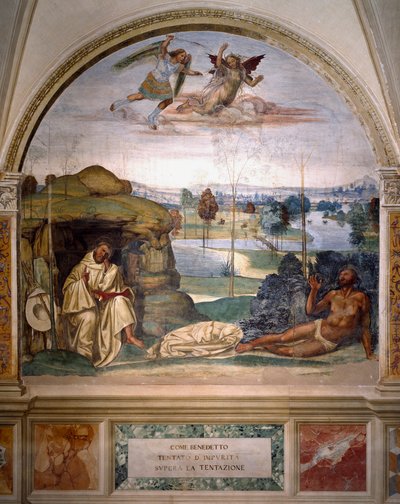 São Bento triunfa sobre a tentação ao atirar-se nu num arbusto de espinhos, enquanto um anjo luta contra o demônio Fresco do refeitório dos monges feito por Antonio Bazzi dit il Sodoma (1477 - 1549) recontando a vida de São Bento (48 de Giovanni Antonio Bazzi Sodoma