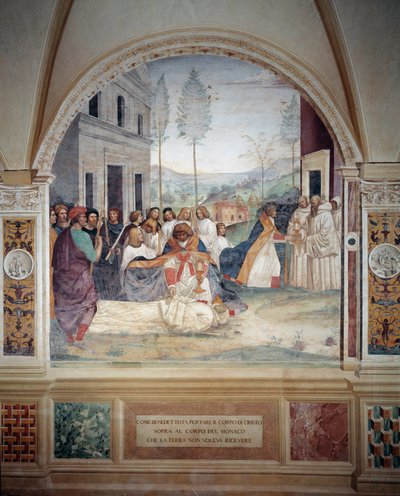 São Bento leva o corpo de Cristo sobre o corpo do monge que a terra se recusa a enterrar fresco do cloitro feito por Antonio Bazzi dit il Sodoma (1477 - 1549) relatando a vida de São Bento de Nursie (480 - 567) fundador da Ordem de Benedi de Giovanni Antonio Bazzi Sodoma