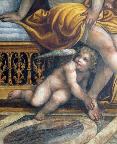 A Sala delle Nozze de Alessandro e Rossana Salão do Casamento de Alexandre, o Grande 356-323 aC e Roxanne detalhe de uma putto escondendo por pés Roxannes, c.1513 detalhe afresco de 107228 de Giovanni Antonio Bazzi Sodoma