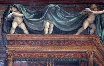 A sala delle nozze di alessandro e rossana corredor do casamento de alexander o grande 356-323 ac e roxanne detalhe de putti jogando sob o dossel da cama, c.1513 detalhe afresco de 107228 de Giovanni Antonio Bazzi Sodoma