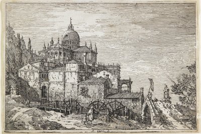 Paisagem com uma igreja, casas e um moinho de Giovanni Antonio Canal