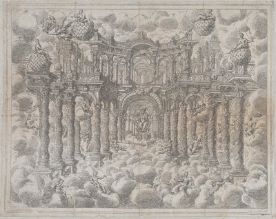 Placa 2 [contraprova]: Cenário com figuras alegóricas sentadas entre as nuvens, com..., 1690. de Giovanni Antonio Lorenzini
