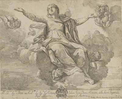 A Assunção da Virgem, que está sentada nas nuvens com os braços estendidos, ang..., 1685-1720. de Giovanni Antonio Lorenzini