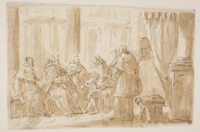 Um grupo de cinco clérigos conversando com um leigo de Giovanni Antonio Pellegrini